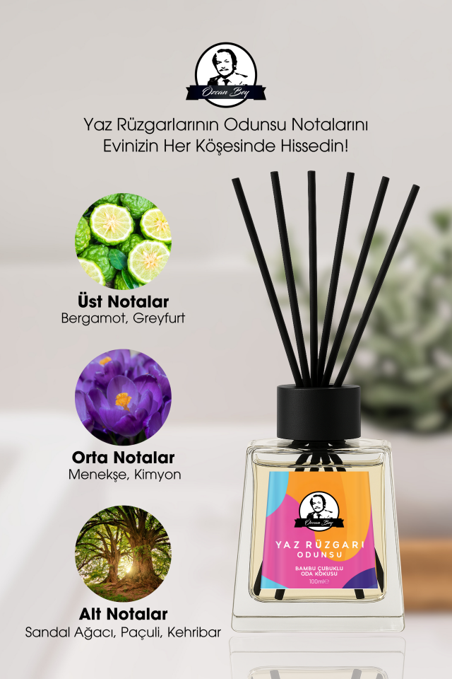 Yaz Rüzgarı Kokulu Çubuklu Oda Kokusu 100ml Dekoratif Cam Şişe