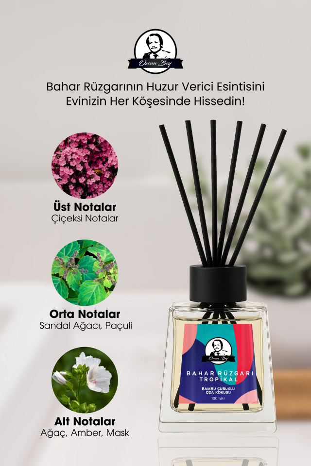 Bahar Rüzgarı Kokulu Çubuklu Oda Kokusu 100ml Dekoratif Cam Şişe
