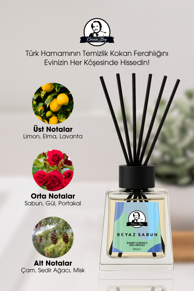 Beyaz Sabun Kokulu Çubuklu Oda Kokusu 100ml Dekoratif Cam Şişe