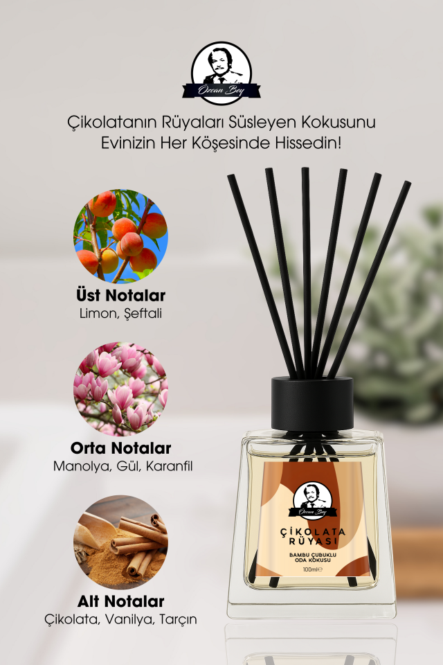 Çikolata Rüyası Kokulu Çubuklu Oda Kokusu 100ml Dekoratif Cam Şişe