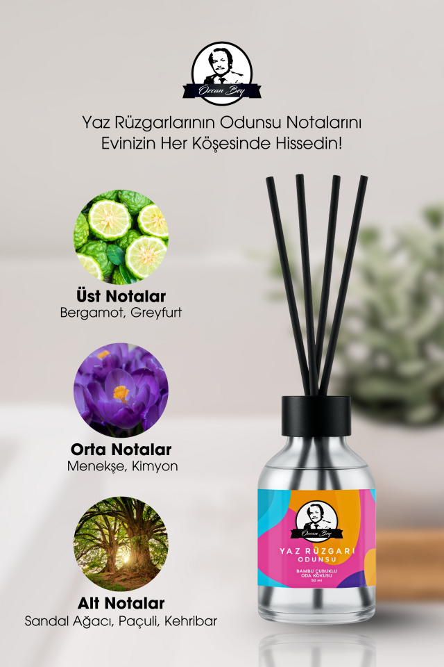 Yaz Rüzgarı Kokulu Çubuklu Oda Kokusu 50ml Dekoratif Cam Şişe