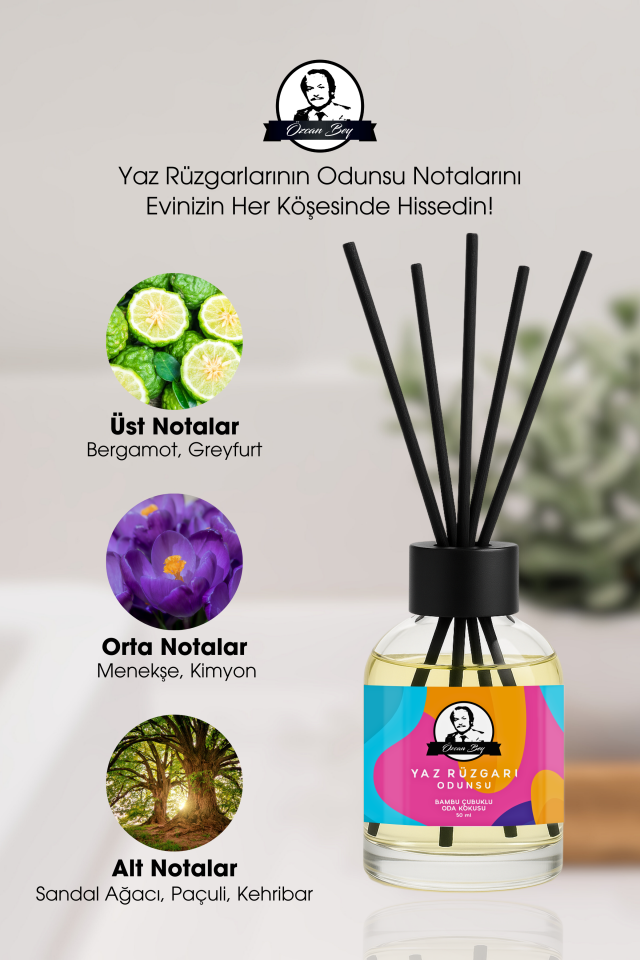 Yaz Rüzgarı Kokulu Çubuklu Oda Kokusu 50ml Dekoratif Cam Şişe