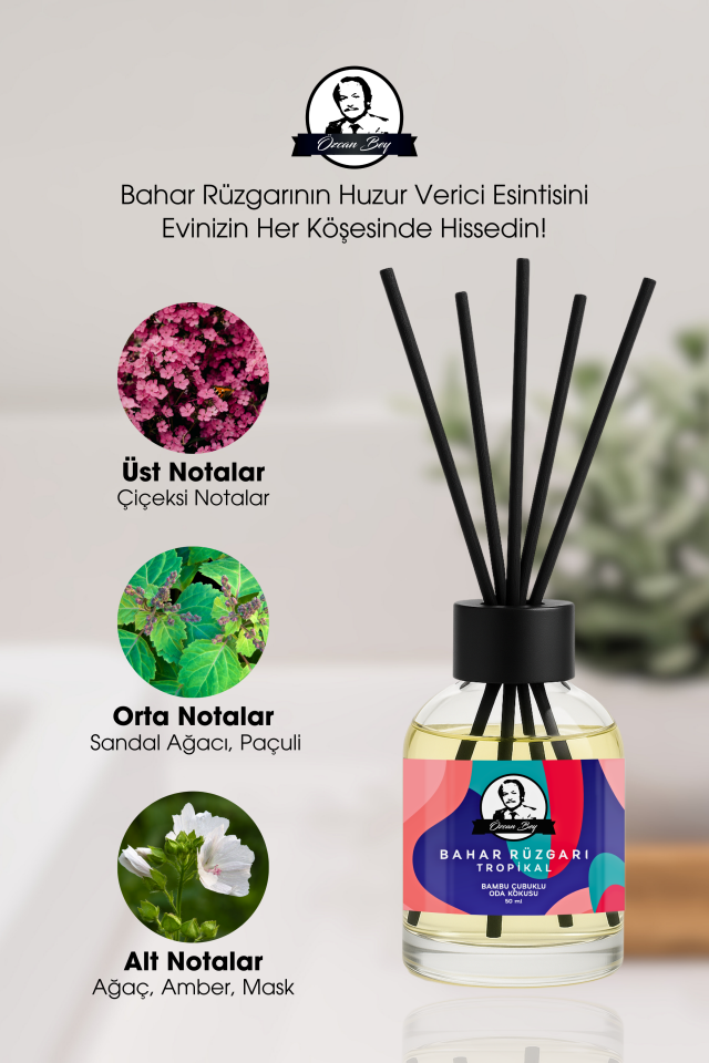 Bahar Rüzgarı Kokulu Çubuklu Oda Kokusu 50ml Dekoratif Cam Şişe