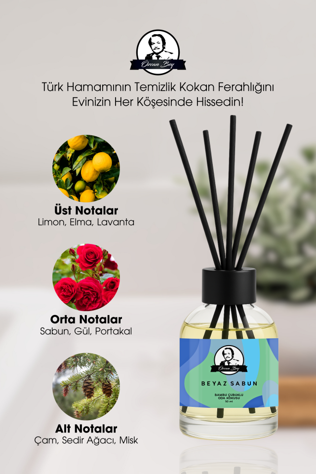Beyaz Sabun Kokulu Çubuklu Oda Kokusu 50ml Dekoratif Cam Şişe