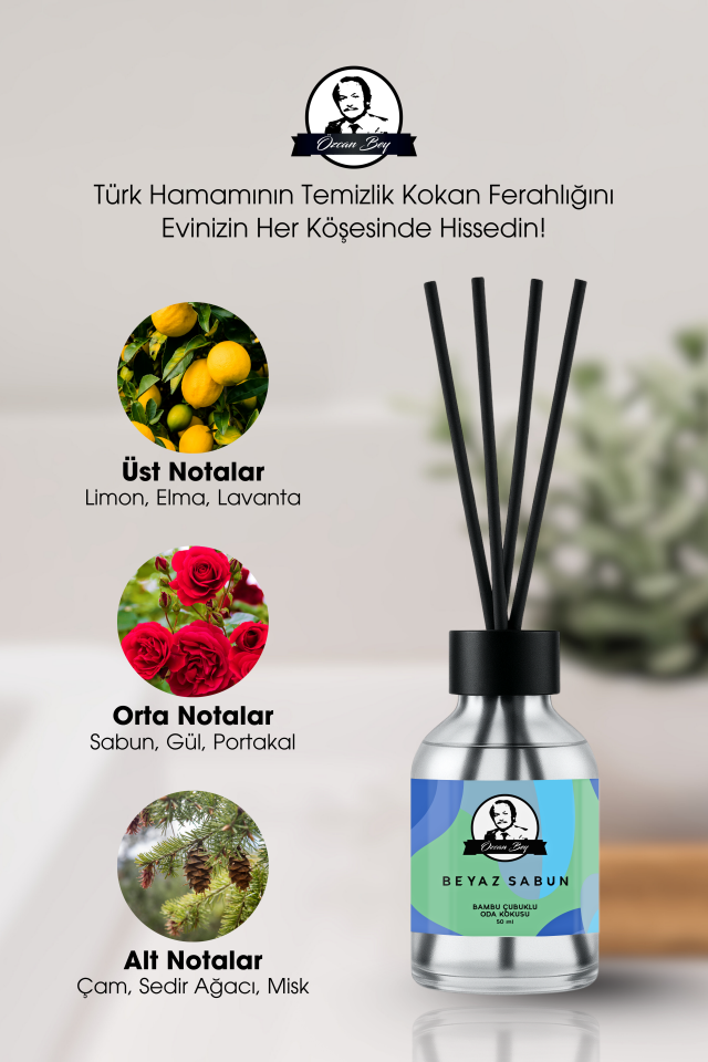 Beyaz Sabun Kokulu Çubuklu Oda Kokusu 50ml Dekoratif Cam Şişe