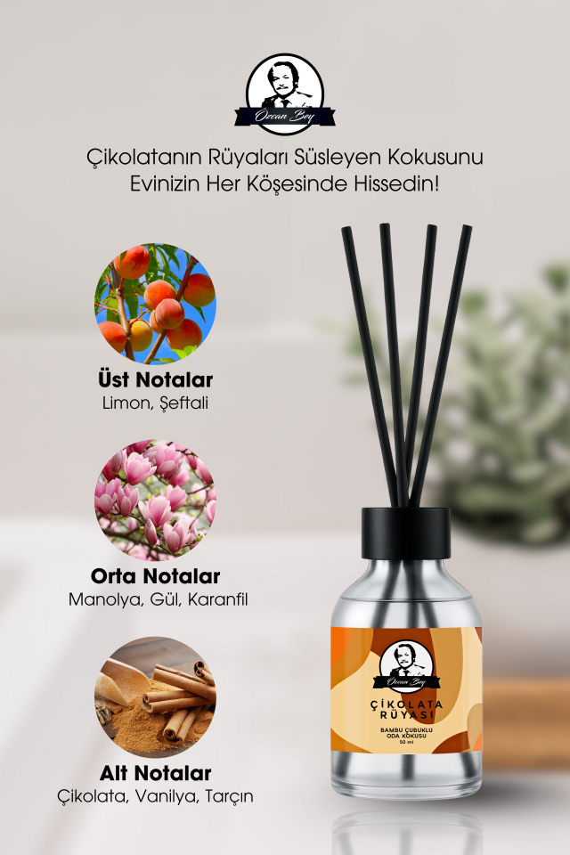 Çikolata Rüyası Kokulu Çubuklu Oda Kokusu 50ml Dekoratif Cam Şişe