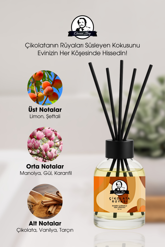 Çikolata Rüyası Kokulu Çubuklu Oda Kokusu 50ml Dekoratif Cam Şişe