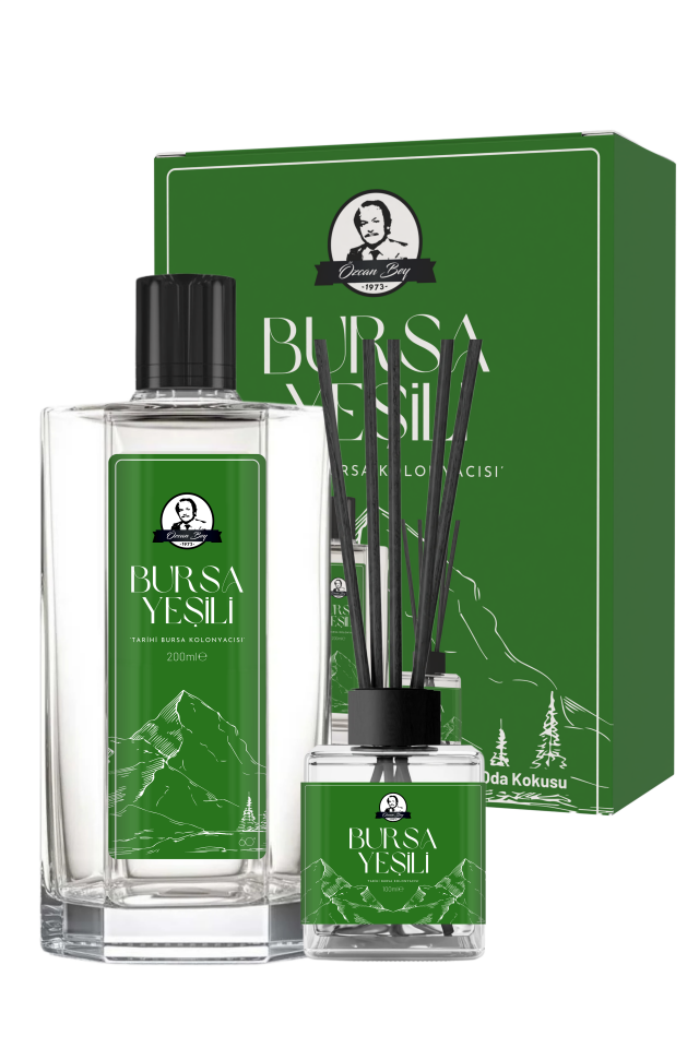 Bursa Yeşili Kolonyası 200ml ve Çubuklu Oda Kokusu 100ml Hediyelik Set Cam Şişeler