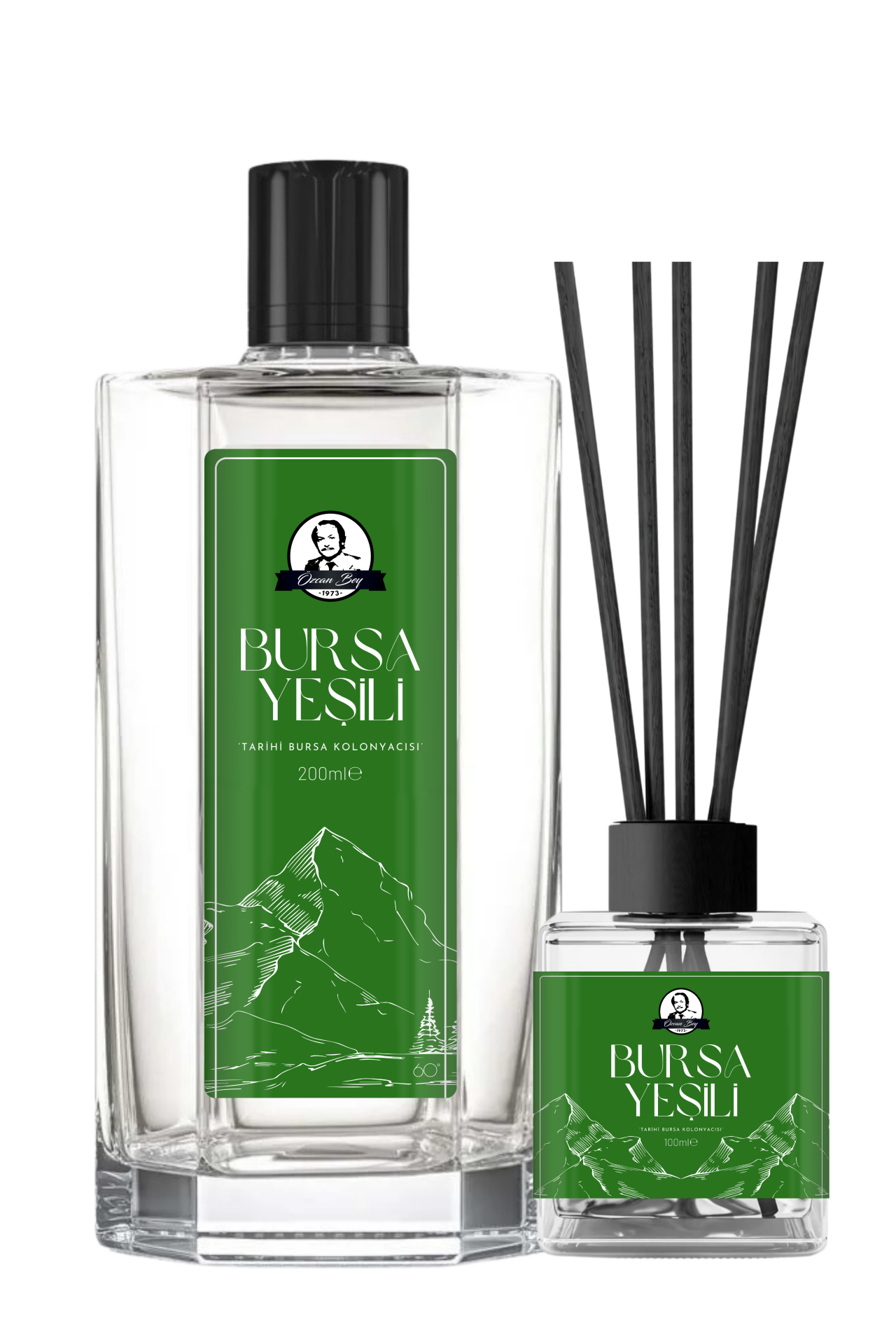Bursa Yeşili Kolonyası 200ml ve Çubuklu Oda Kokusu 100ml Hediyelik Set Cam Şişeler