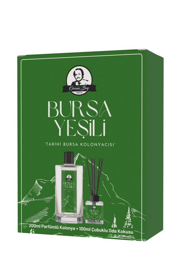 Bursa Yeşili Kolonyası 200ml ve Çubuklu Oda Kokusu 100ml Hediyelik Set Cam Şişeler
