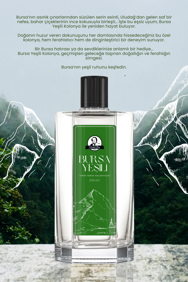 Bursa Yeşili Kolonyası 200ml ve Çubuklu Oda Kokusu 100ml Hediyelik Set Cam Şişeler