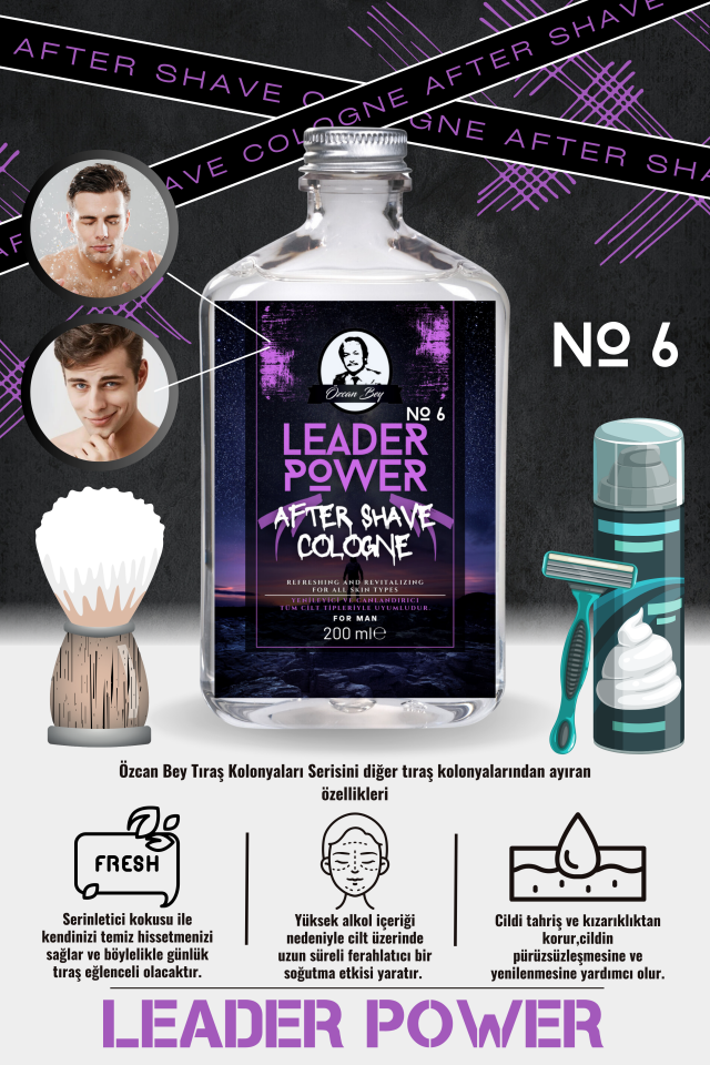 After Shave Serisi Leader Power No.6 Tıraş Sonrası Tahrişi Önleyici ve Nemlendirici Kolonya 200ml