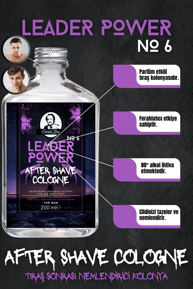 After Shave Serisi Leader Power No.6 Tıraş Sonrası Tahrişi Önleyici ve Nemlendirici Kolonya 200ml