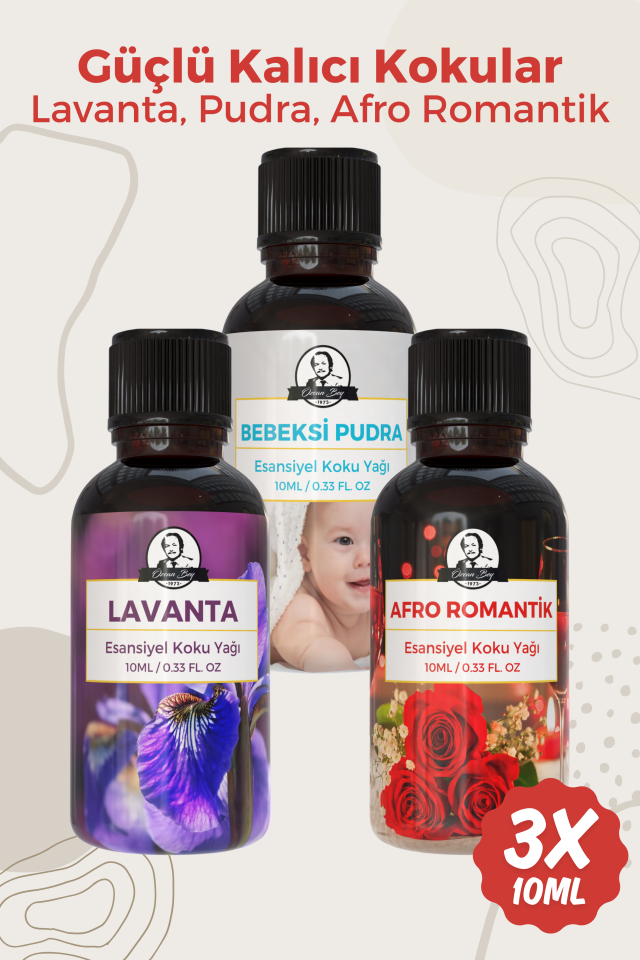 Lavanta, Pudra, Afro Romantik Saf Esansiyel Uçucu Yağ Buhurdanlık Yağ Esansı Aromaterapi 3x 10ml