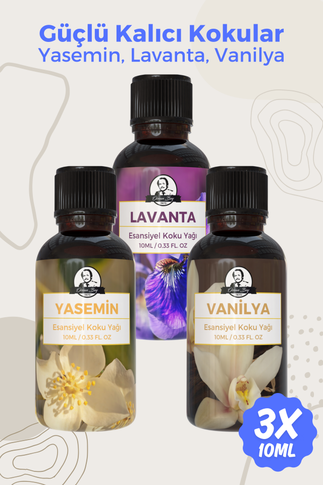 Yasemin, Lavanta, Vanilya Saf Esansiyel Uçucu Yağ Buhurdanlık Yağ Esansı Aromaterapi 3x 10ml