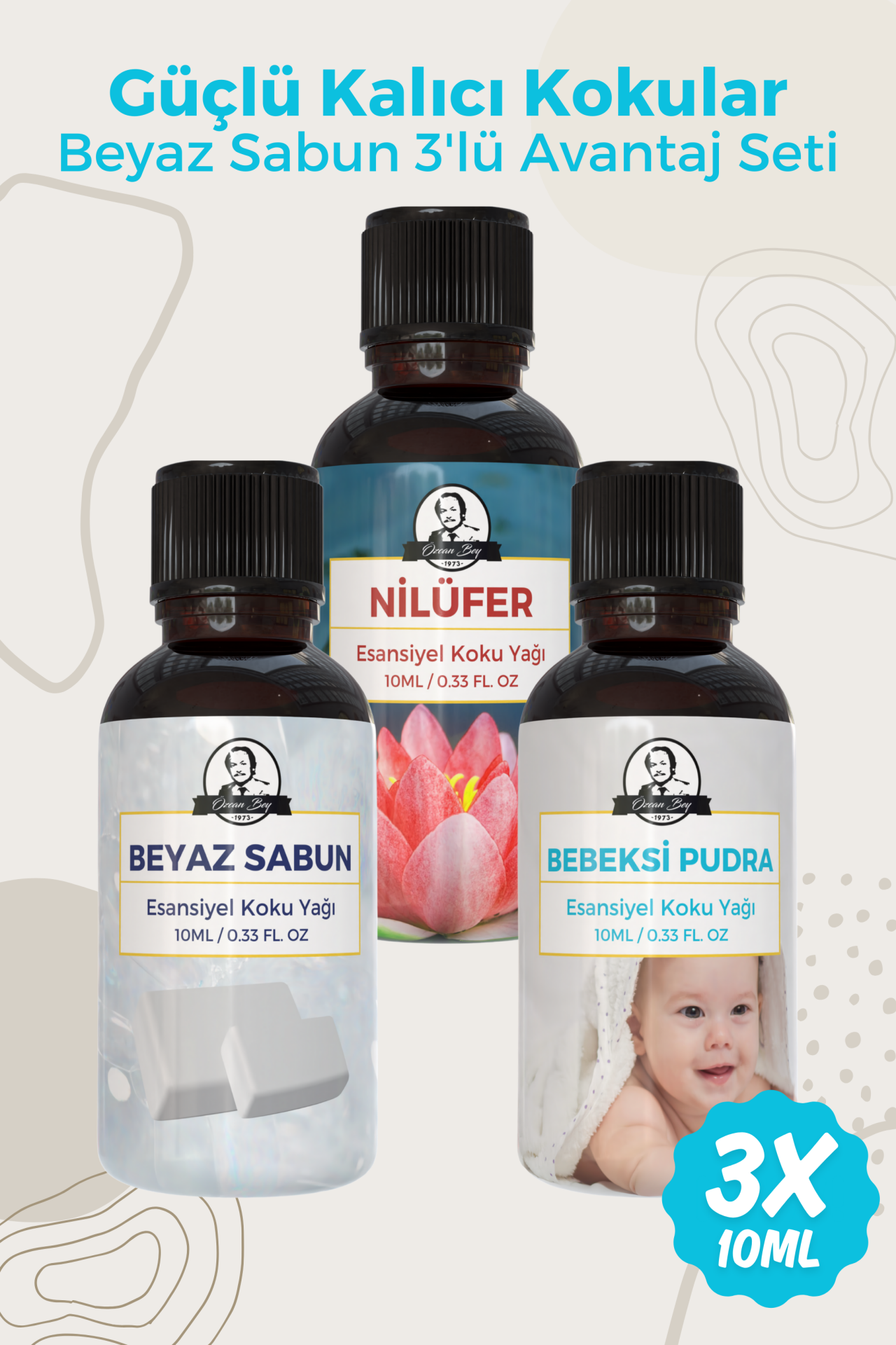 Beyaz Sabun, Nilüfer, Pudra Saf Esansiyel Uçucu Yağ Buhurdanlık Yağ Esansı Aromaterapi 3x 10ml