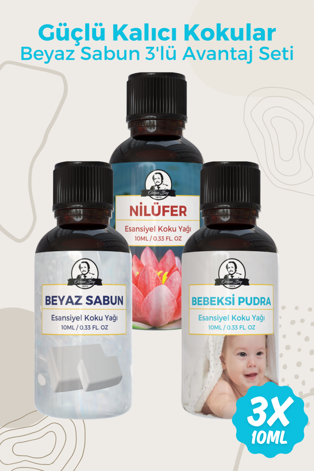 Beyaz Sabun, Nilüfer, Pudra Saf Esansiyel Uçucu Yağ Buhurdanlık Yağ Esansı Aromaterapi 3x 10ml