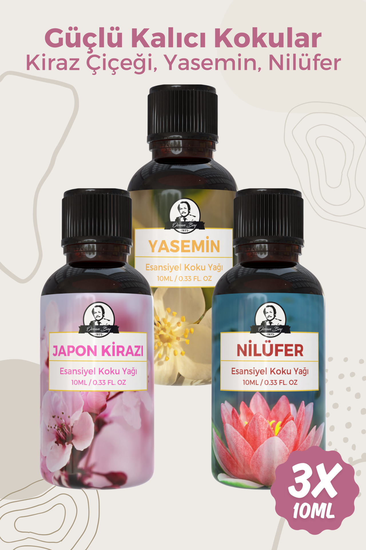 Kiraz Çiçeği, Yasemin, Nilüfer Saf Esansiyel Uçucu Yağ Buhurdanlık Yağ Esansı Aromaterapi 3x 10ml