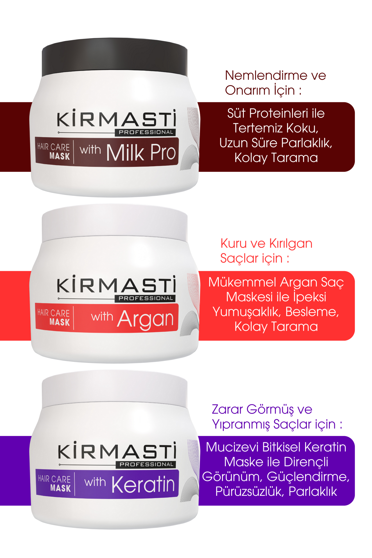 Profesyonel Saç Maskesi Milk Pro, Argan, Keratin 3'lü Set Avantaj Paketi Ekonomik Boy 3 x 500ml