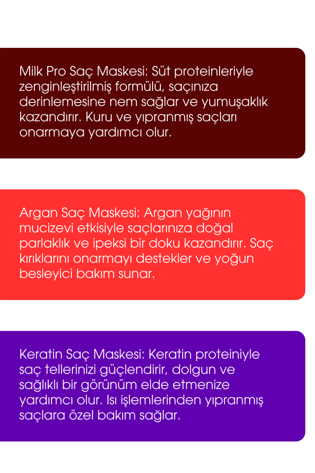 Profesyonel Saç Maskesi Milk Pro, Argan, Keratin 3'lü Set Avantaj Paketi Ekonomik Boy 3 x 500ml