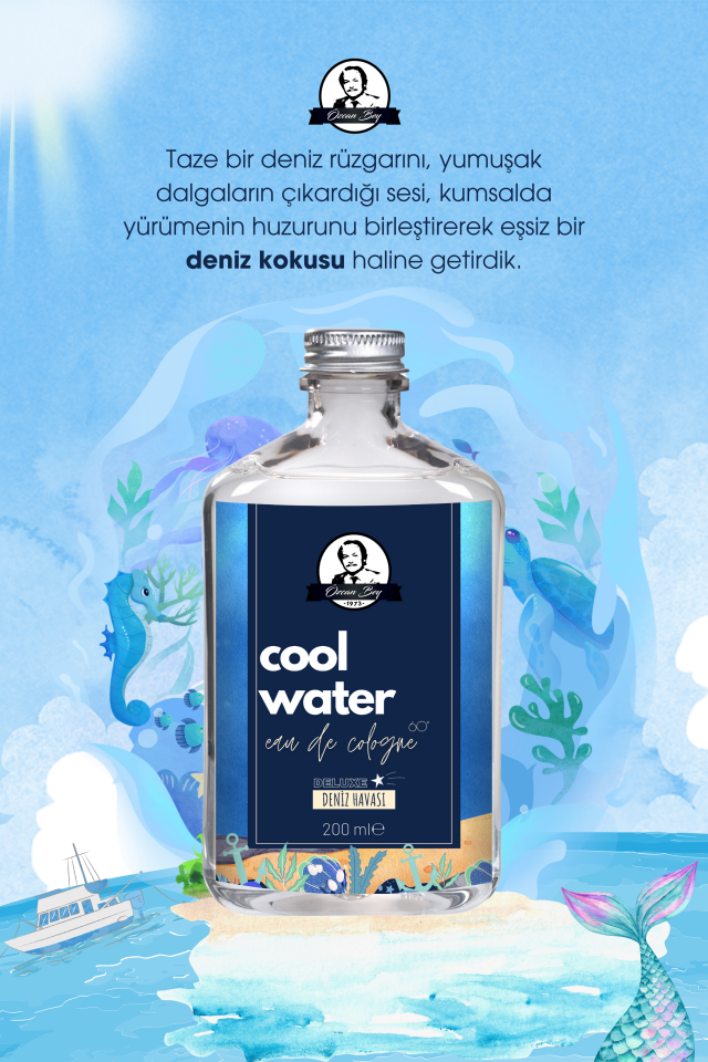 Deluxe Seri Cool Water Kolonyası Parfümlü Okyanus Buz Ice Kokulu Kolonya 200ml Cam Şişe