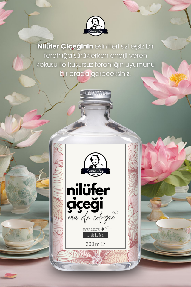 Deluxe Seri Nilüfer Çiçeği Kolonyası Parfümlü Lotus Çiçeği Kokulu Kolonya 200ml Cam Şişe